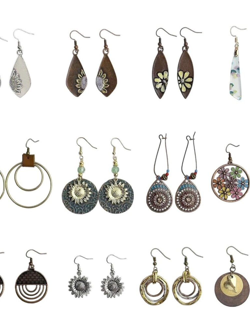 12 Pairs Boho Vintage Drop Dangle Earrings for Women, Ethnic Style Chic Round Je